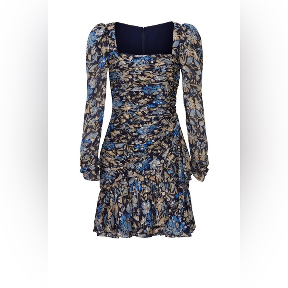Monique Lhuillier Dresses & Skirts - Monique Lhuillier Blue and Cream Floral Long Sleeve Dress